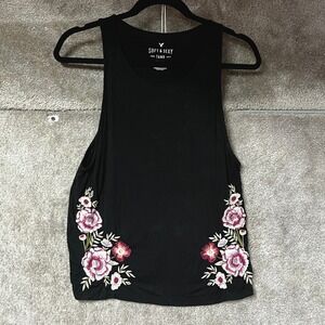 American Eagle Soft & Sexy Tank Top Large Black Floral Embroidered Casual Boho
